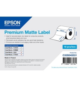 Matowy papier etykietowy Premium 102mm x 51mm do Epson ColorWorks C3400 i ColorWorks C3500, 650 etykiet na rolce